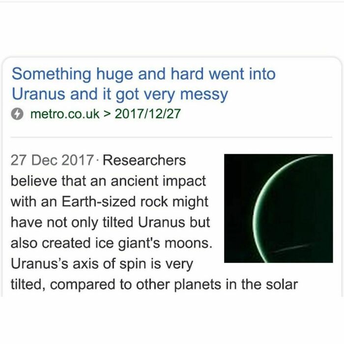 Funny meme pun about Uranus and ancient impact research, featuring a planetary image.
