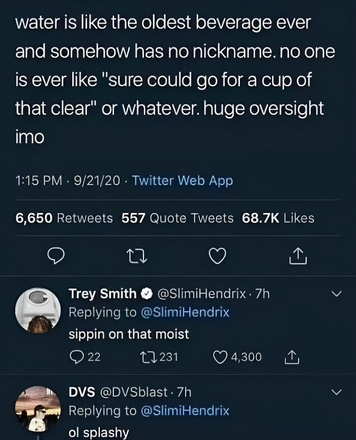 Text screenshot about water's lack of a nickname, a funny meme for pun enthusiasts.