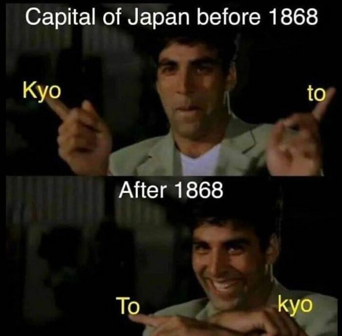 Man humorously gesturing about Japan's capital change, ideal for pun enthusiasts.