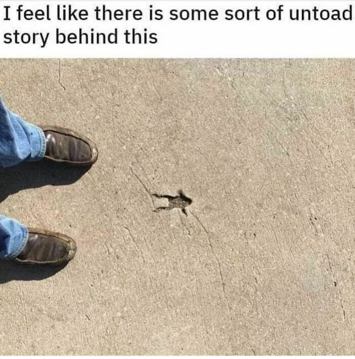 Shoes on pavement with a toad-shaped mark, captioned humorously for pun enthusiasts.