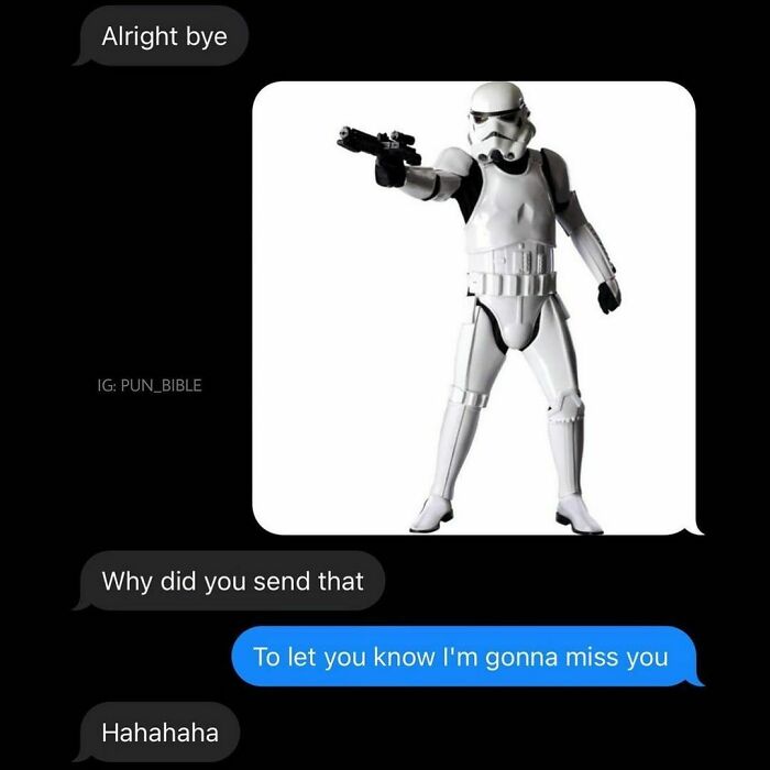 Text exchange with a pun featuring a stormtrooper meme for pun enthusiasts.