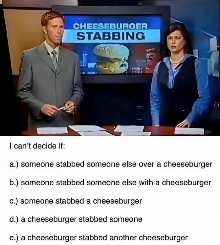 Two news anchors in front of screen with "Cheeseburger Stabbing," showcasing a pun meme.