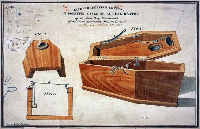 Life preserving coffin in doubtful cases of actual dead, 1843