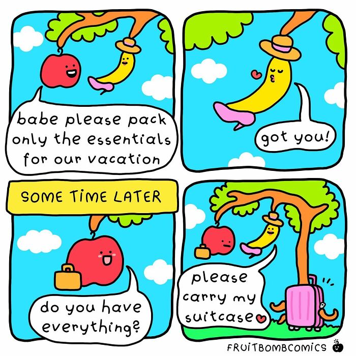 A comic about an apple and a banana packing for a trip
