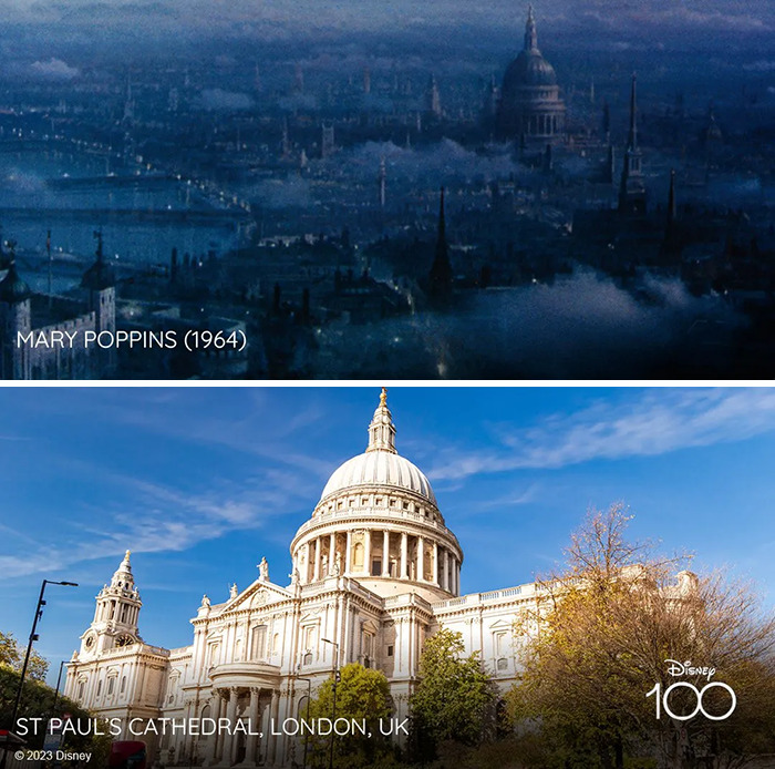 Setting from the movie Mary Poppins (1964) vs it's inspiration St. Paul's Cathedral, London, UK