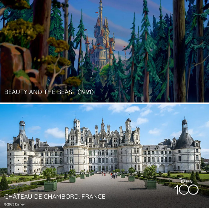 Castle from the Beauty And The Beast (1991) vs it's inspiration Chateau de Chambord, France