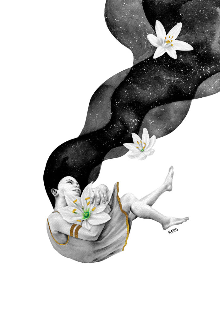 Surreal painting of a girl with the hair representing universe