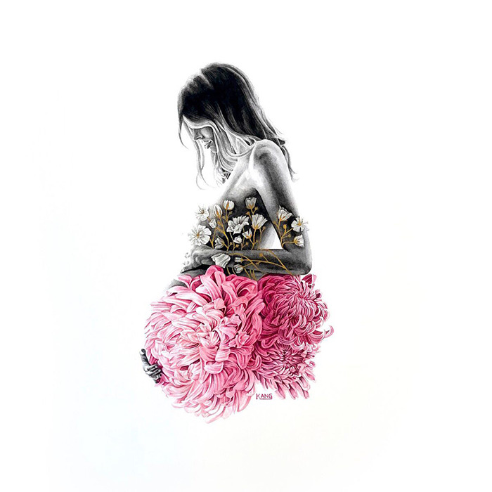Surreal painting of a pregnant woman having a flower instead of a belly