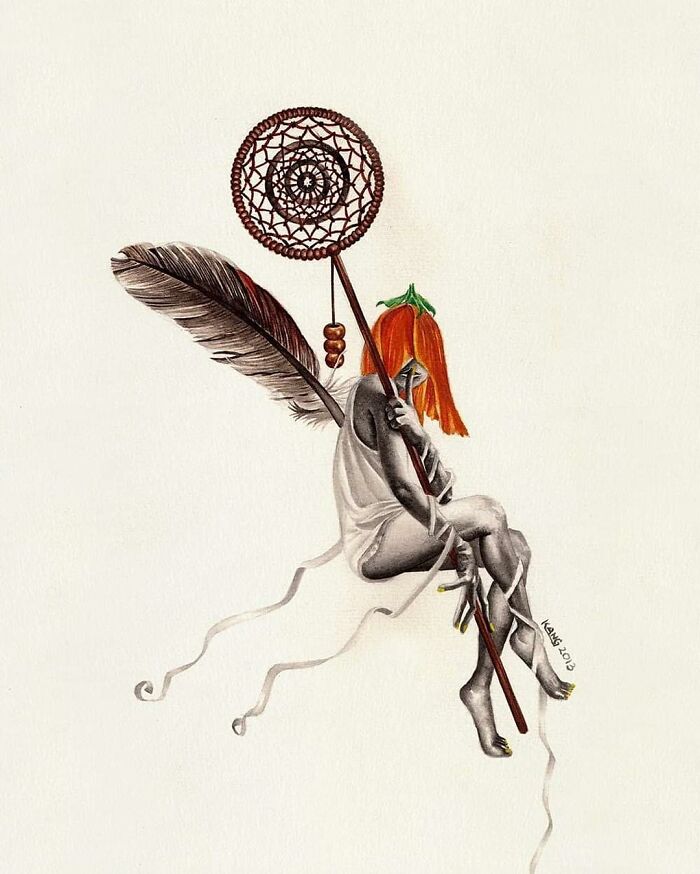 Surreal painting of a girl holding dreamcatcher