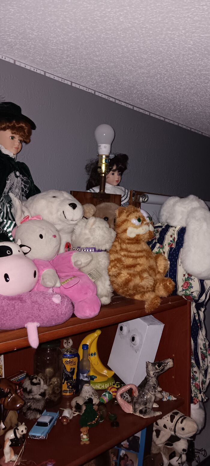 My Odd And Old Stuffed Animals Above My Antique Shelf