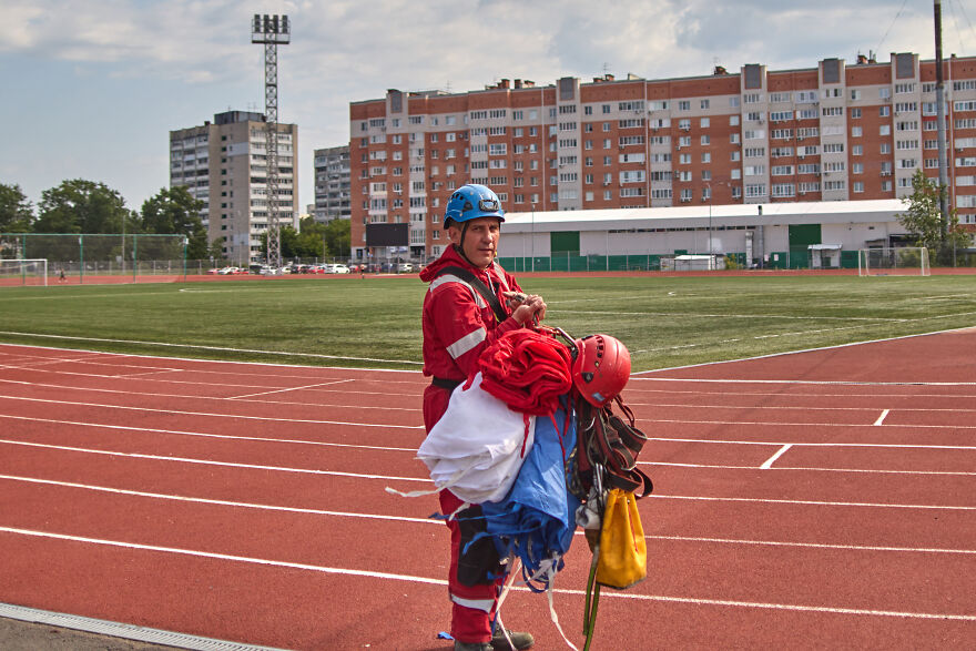 Installation Of The Flag At The Sports Stadium