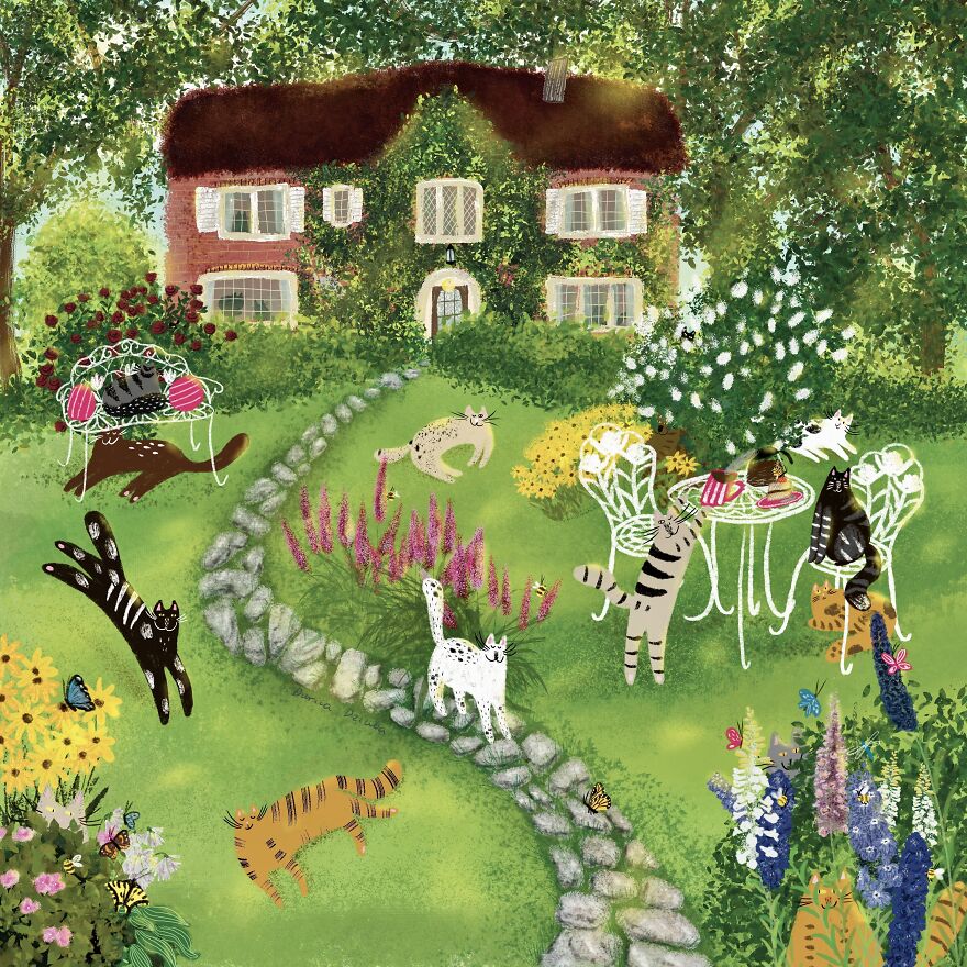 Cats In A Summer Garden Near A House