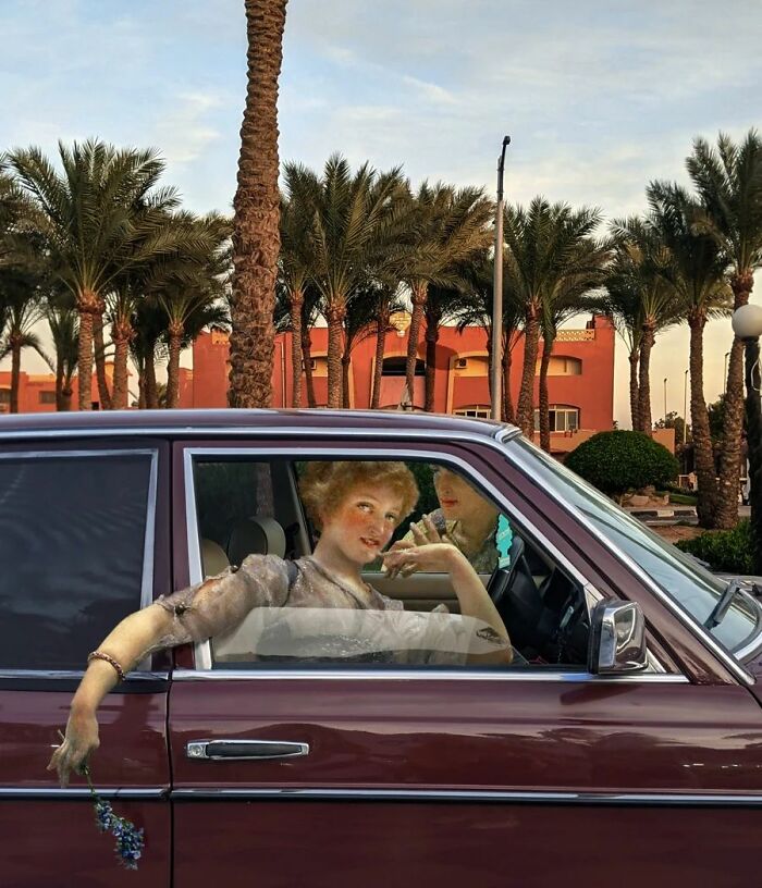 An image of a woman from "The Proposal" painting in a car