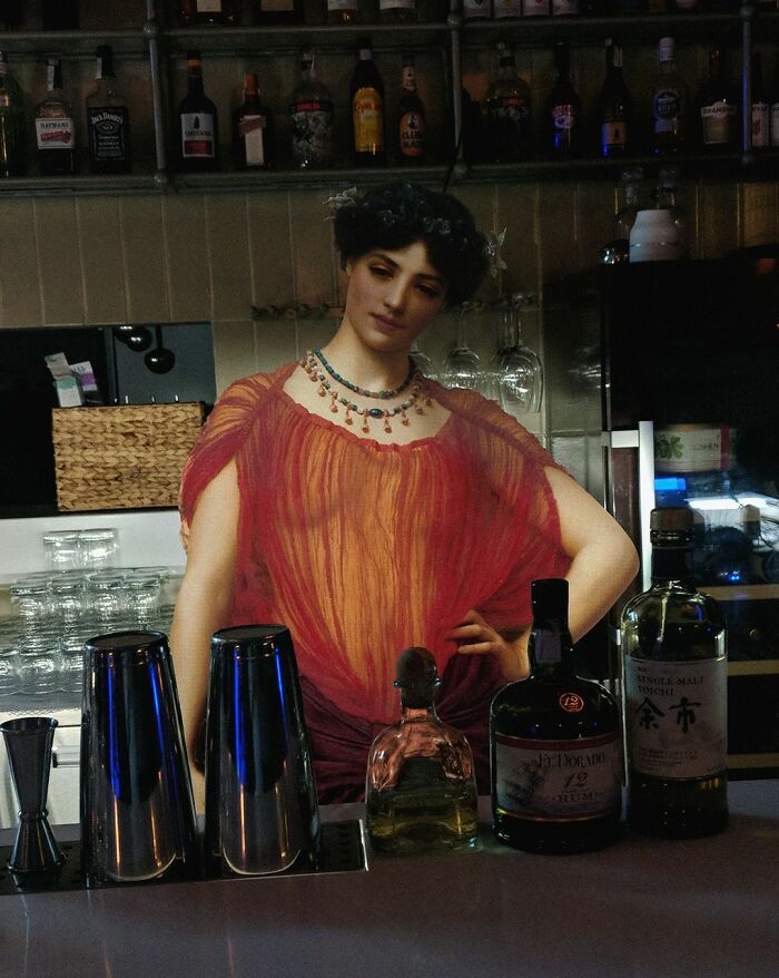 An image of a woman from "Drusilla" painting in a bar