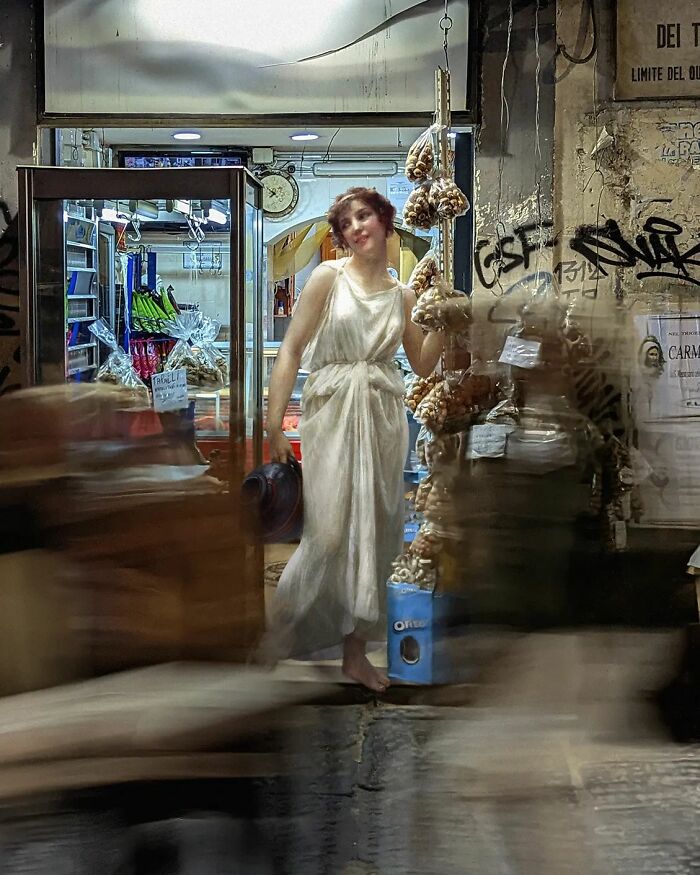An image of a woman from "At The Fountain" painting at a store