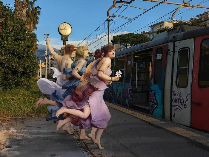 An image of four women from "Quadriga Of Cupid" painting in modern surroundings