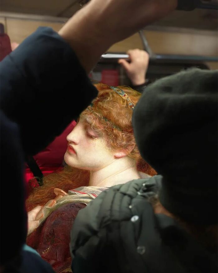 An image of a woman from "Mary Magdalene" painting in modern surroundings