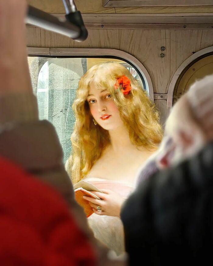 An image of a woman from "The Beautiful Reader" painting in modern surroundings