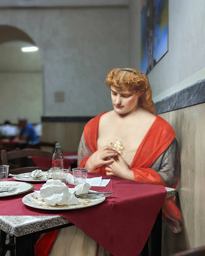 An image of a woman from "Passion Flowers" painting in a restaurant