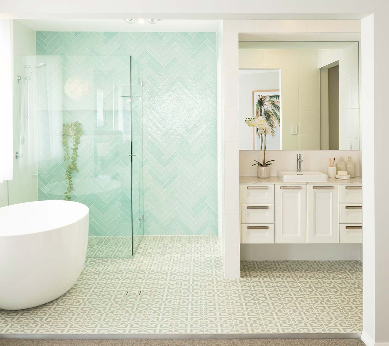 Walk in shower with green mint tiles Walk in shower with green mint tiles