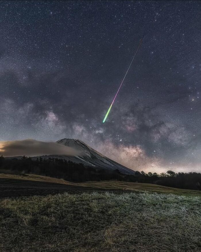 A Meteor, The Milky Way And Mount Fuji, Japan
