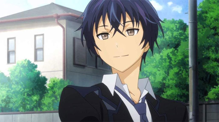 Anime character standing outdoors, wearing a black uniform, with a thoughtful expression.