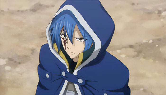 Anime character with blue hair wearing a hooded cloak, evoking themes of sadness and loss.