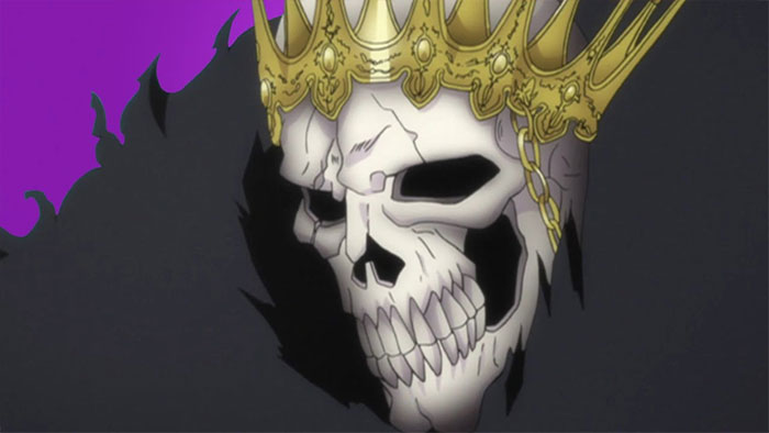 Skull wearing a golden crown with a dark and purple background, symbolizing themes of anime love, life, and loss.
