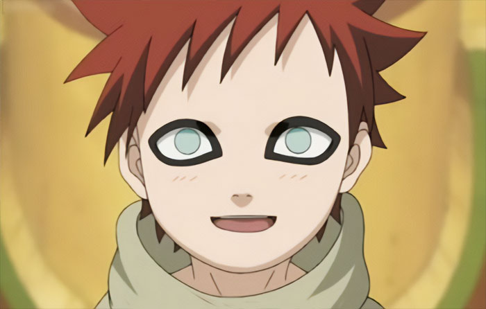 Anime character with red hair and unique eye markings, expressing a soft smile.