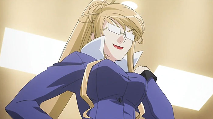 Anime character with blonde hair and glasses in a confident pose, wearing a blue jacket, symbolizing themes of love and loss.