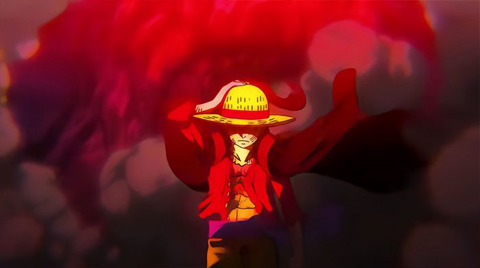 Anime character in a straw hat clutching the brim while surrounded by a dramatic red aura, symbolizing love and loss.