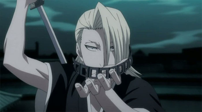 Anime character with sword, intense expression, showcasing themes of love and loss in a night setting.