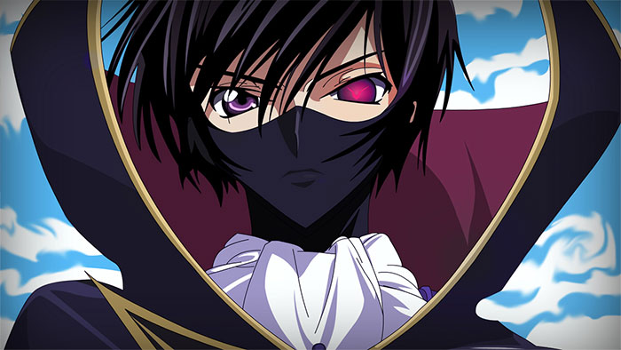 Anime character with dual-colored eyes and a mask, conveying themes of loss and love against a cloudy sky background.