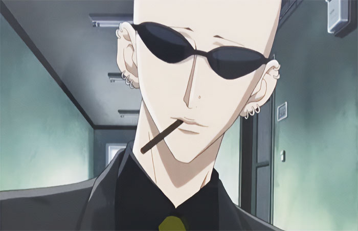 Anime character in sunglasses, reflecting a somber mood in a dim hallway, capturing themes of love, life, and loss.