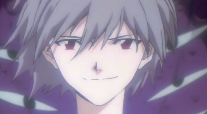 Anime character with gray hair and red eyes, surrounded by purple hue, conveying themes of love, life, and loss.