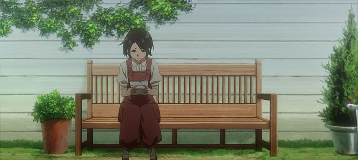 Anime character sitting on a bench outdoors, reading a letter, conveying themes of love, life, and loss.