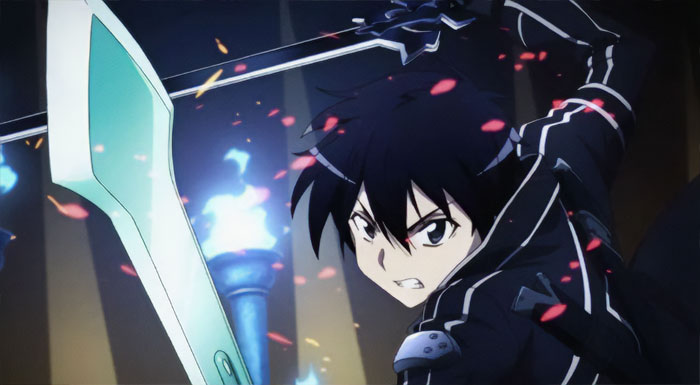 Anime character wielding a sword, expressing intensity, with elements symbolizing themes of love, life, and loss.