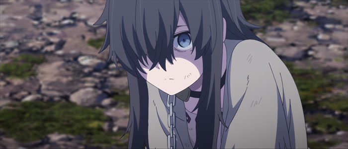 Anime character with sad expression, chained, sitting on rocky ground, capturing themes of love, life, and loss.