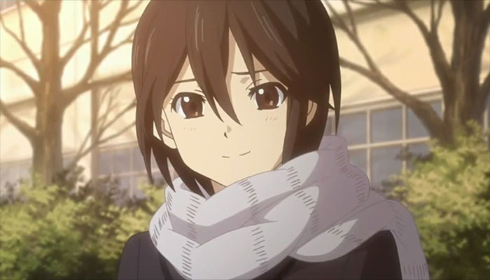 Anime character in a winter scene with a scarf, reflecting themes of love, life, and loss.