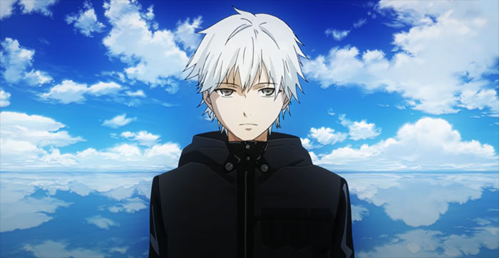 Anime character with white hair in a black jacket stands against a reflective sky, embodying themes of love, life, and loss.