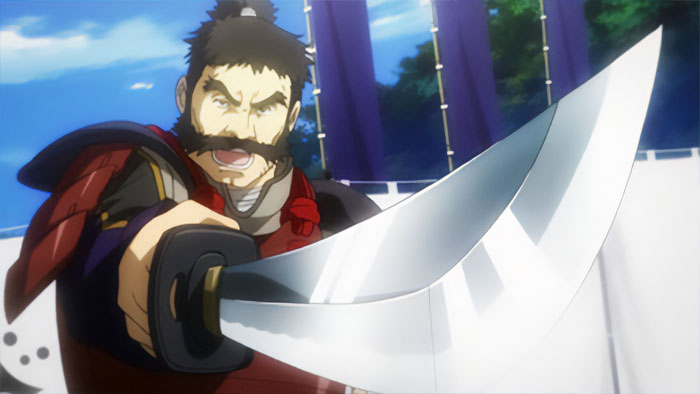 Anime character wielding a large sword, expressing intense emotions during a dramatic scene.