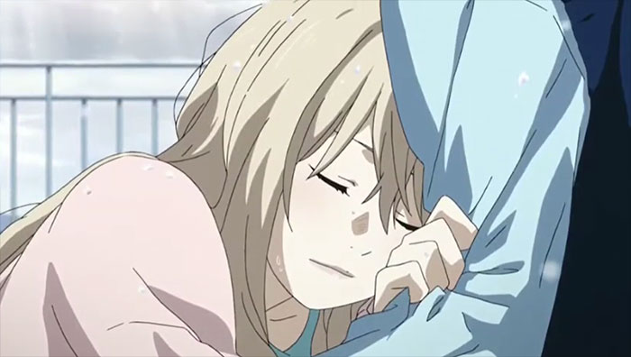 Anime scene depicting a sad moment about love, with a girl resting her head on someone's arm, eyes closed, showing emotional vulnerability.