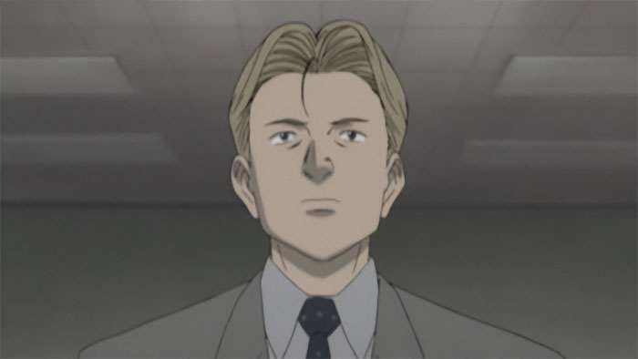 Anime character in a suit looking serious, representing themes of love, life, and loss.