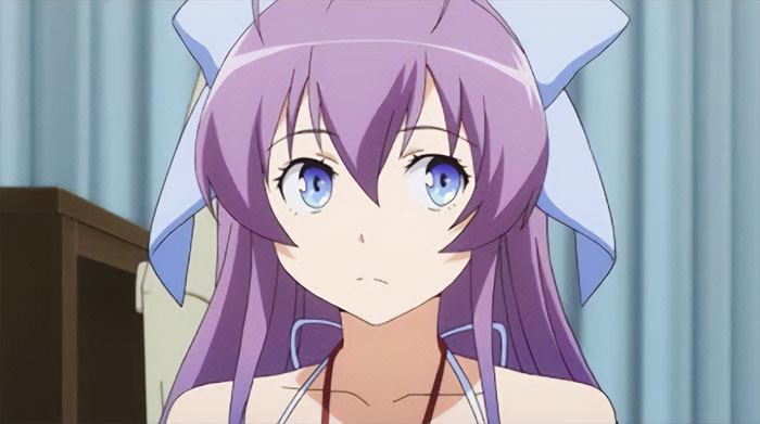 Anime character with purple hair and blue eyes looking intrigued, capturing themes of love and loss.