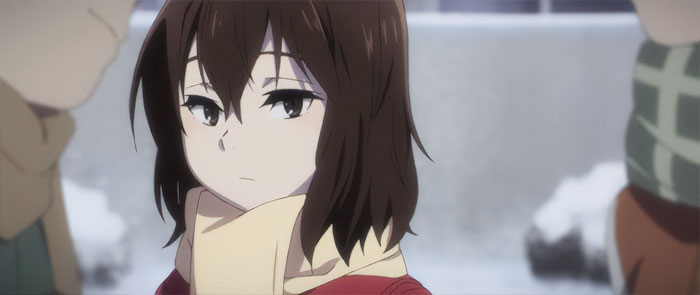 Anime character with sad expression in a winter setting, conveying themes of love, life, and loss.