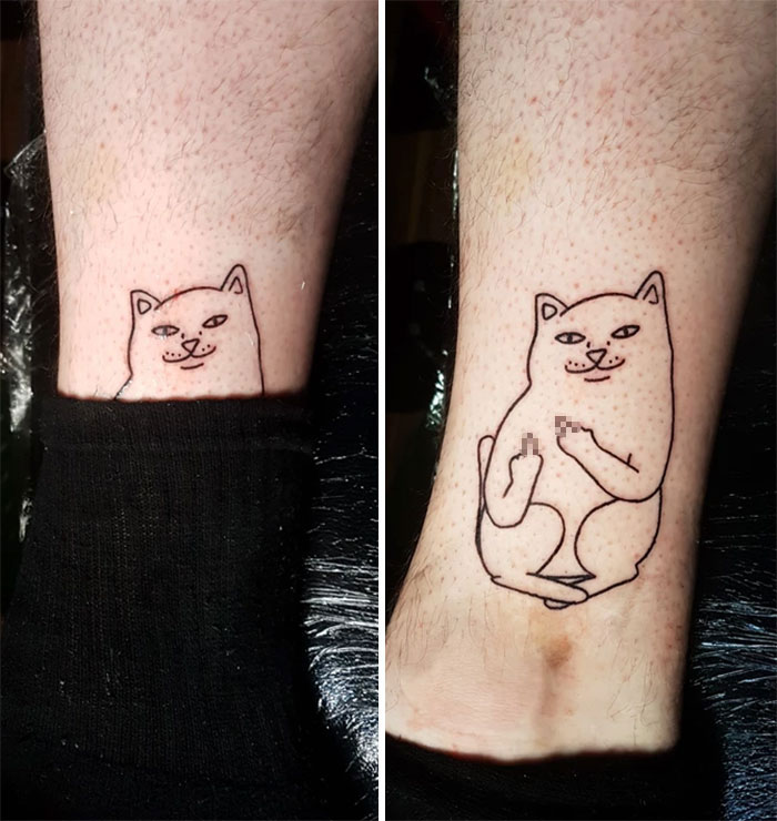 Cat ankle tattoo showing hidden design uncovered, with focus on ankle tattoo care.