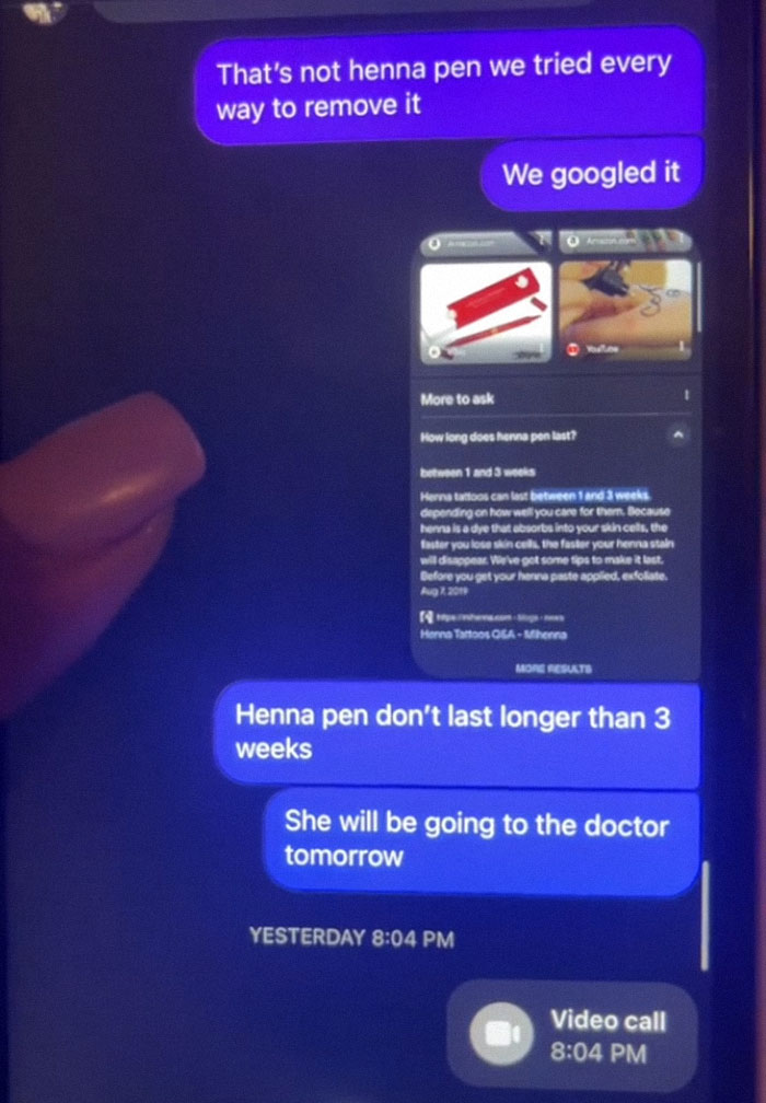 Text messages discussing a non-henna pen tattoo on a child; concern over removal and a doctor's visit.