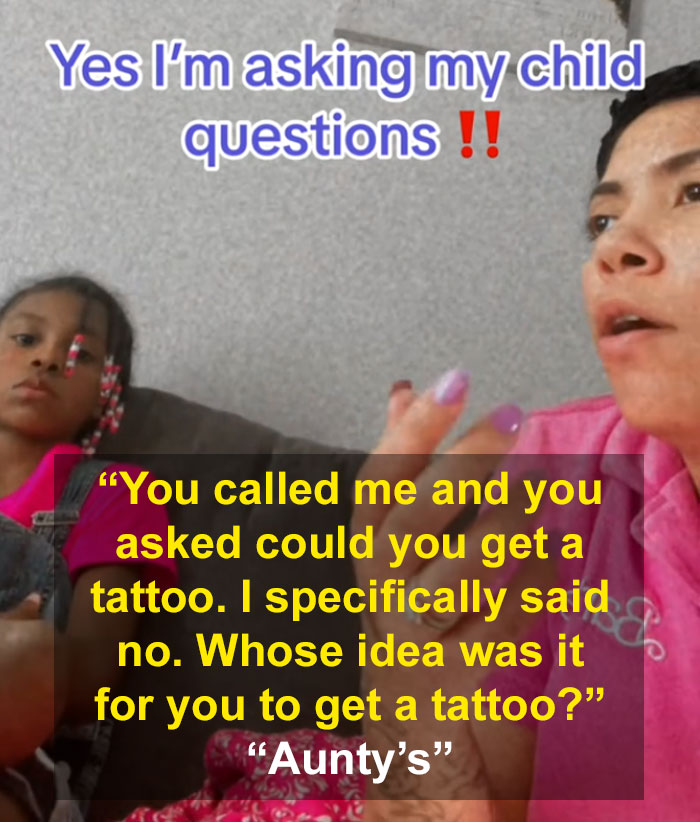 Mom questioning child about getting a tattoo, discussing how it happened while aunt was babysitting.