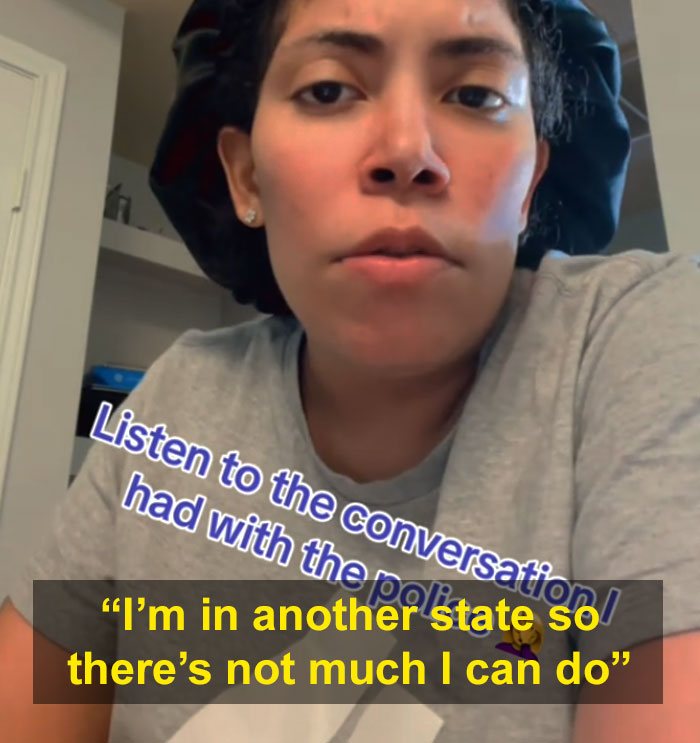 Woman speaking on video call, text overlay mentions a police conversation. 