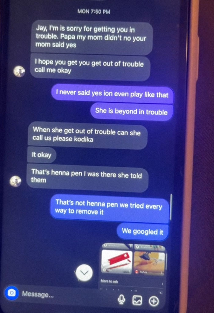 Text conversation about a tattoo incident involving a 7-year-old, discussing removal attempts and consequences.